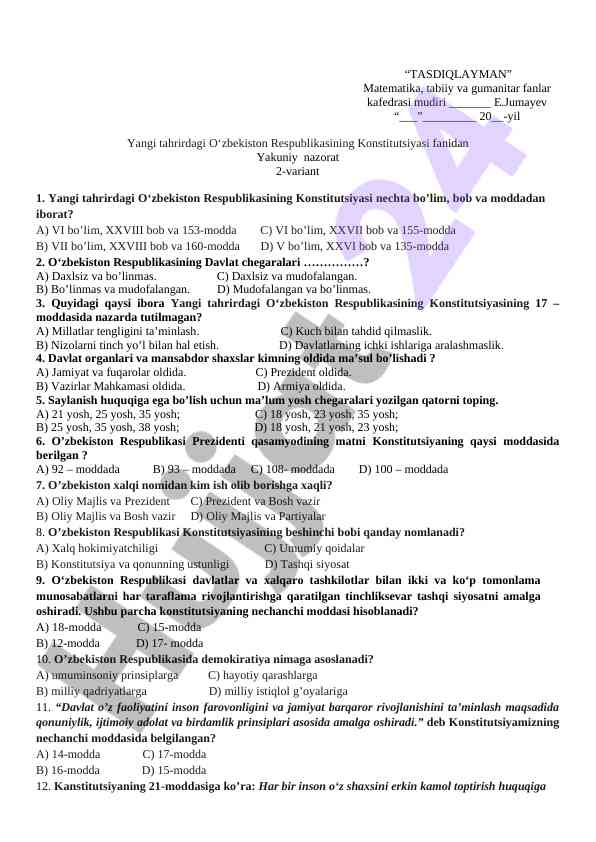O‘zbekiston respublikasining konstitutsiyasi test varianti