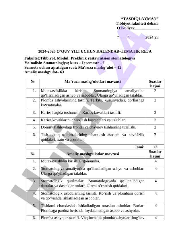 Kalendar-tematik reja 2024-2025 o‘quv yili