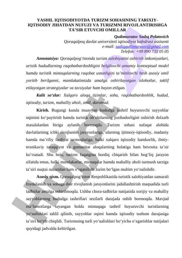 Yashil iqtisodiyotda turizm sohasining nufuzi va omillar