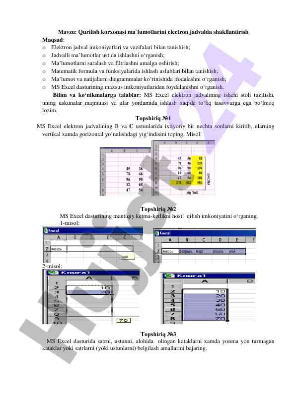 Ms excel dasturida elektron jadval yaratish