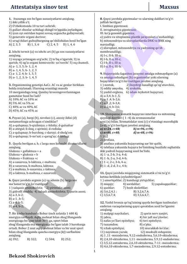 Attestatsiya sinov testlarida botanikani aniqlash