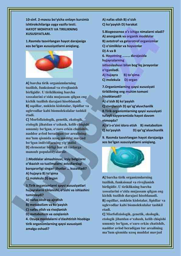 Hayot mohiyati va tiriliksiz xususiyatlari testi
