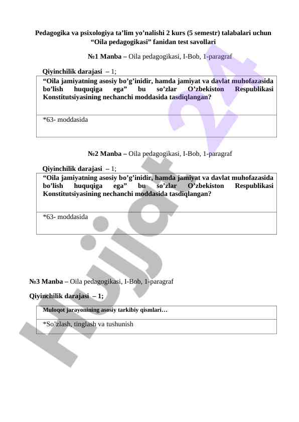 Oila pedagogikasi fanidan test savollari №1