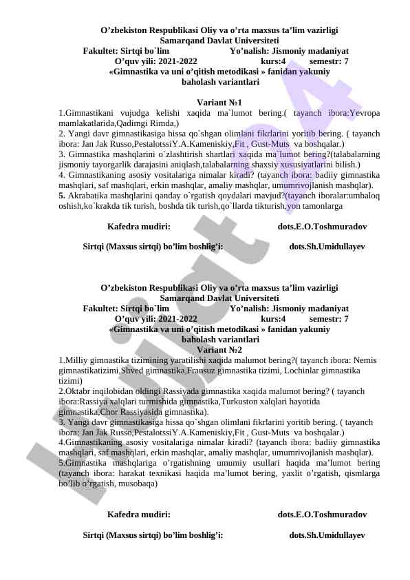 Gimnastika va uni o’qitish metodikasi yakuniy baholash