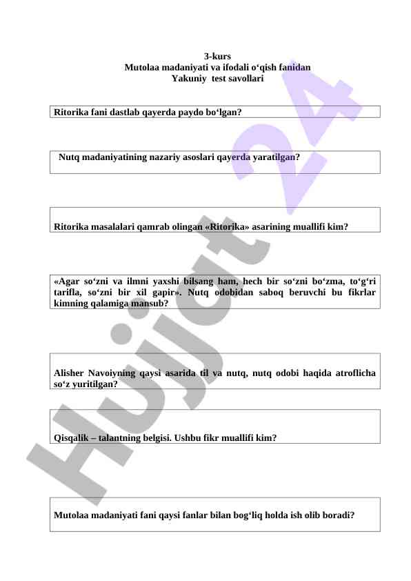 Yakuniy test savollariga asoslangan adabiyot kutilmalari