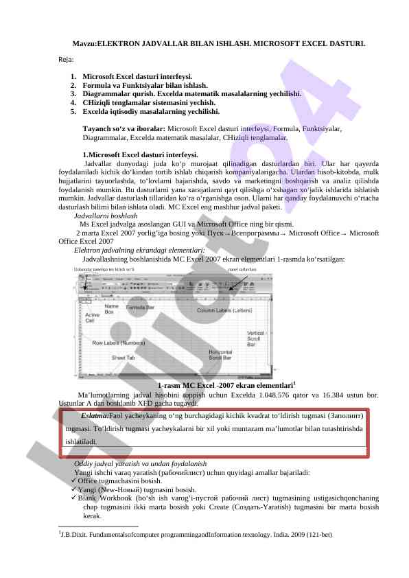 Elektron jadval bilan ishlash microsoft excel