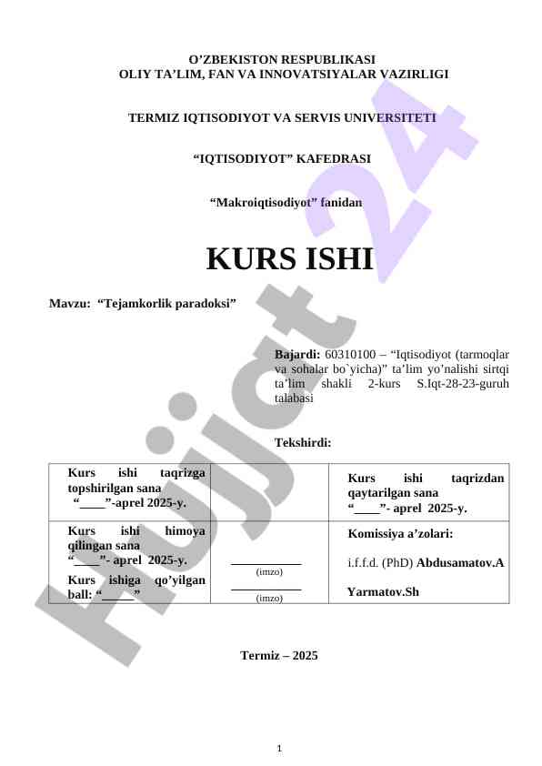 Tejamkorlik paradoksi mavzusida kurs ishining taqdimoti