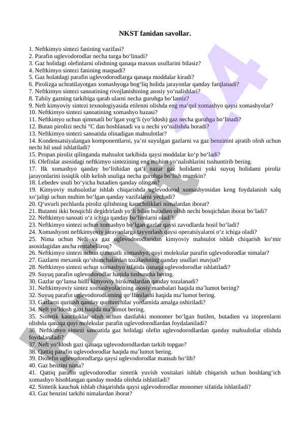 Neftkimyo Sintezi Faniga Doir Savollar