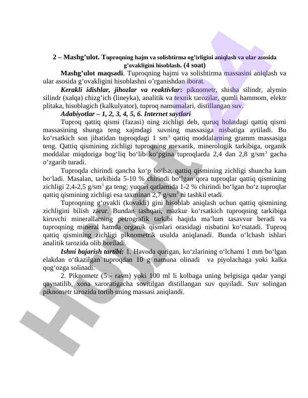 Tuproq hajmi va solishtirma og'irligining aniqlanishi