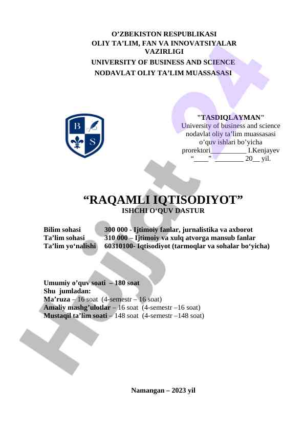 Raqamli iqtisodiyot o‘quv dasturi tavsifi