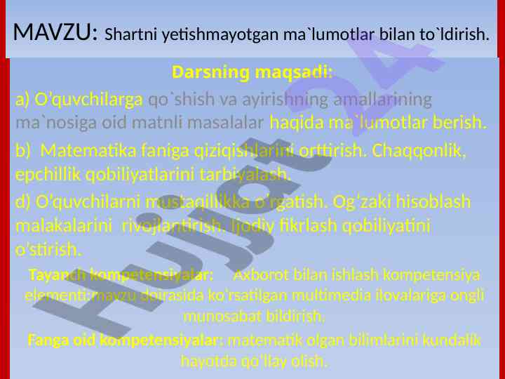 Shartni yetishmayotgan ma`lumotlar bilan to`ldirish