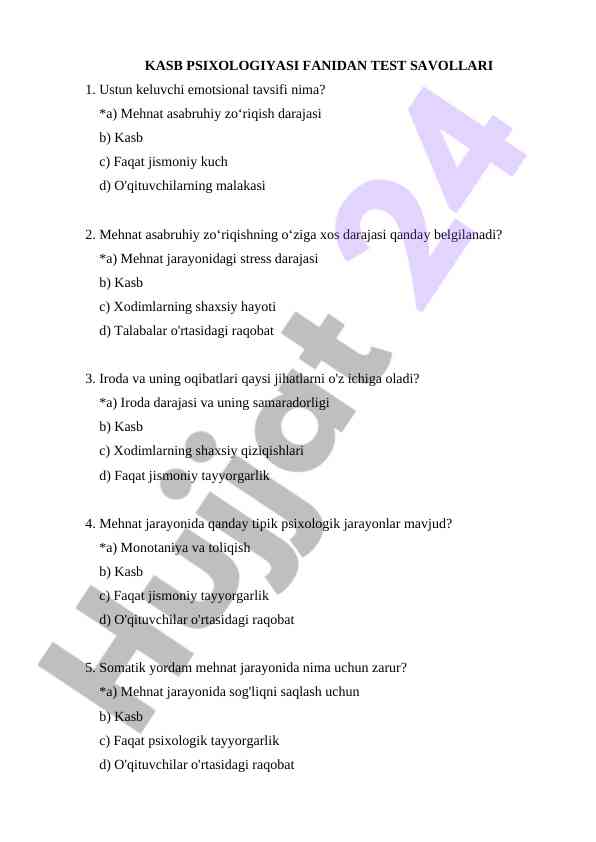 Kasb psixologiyasi fanidan test savollari