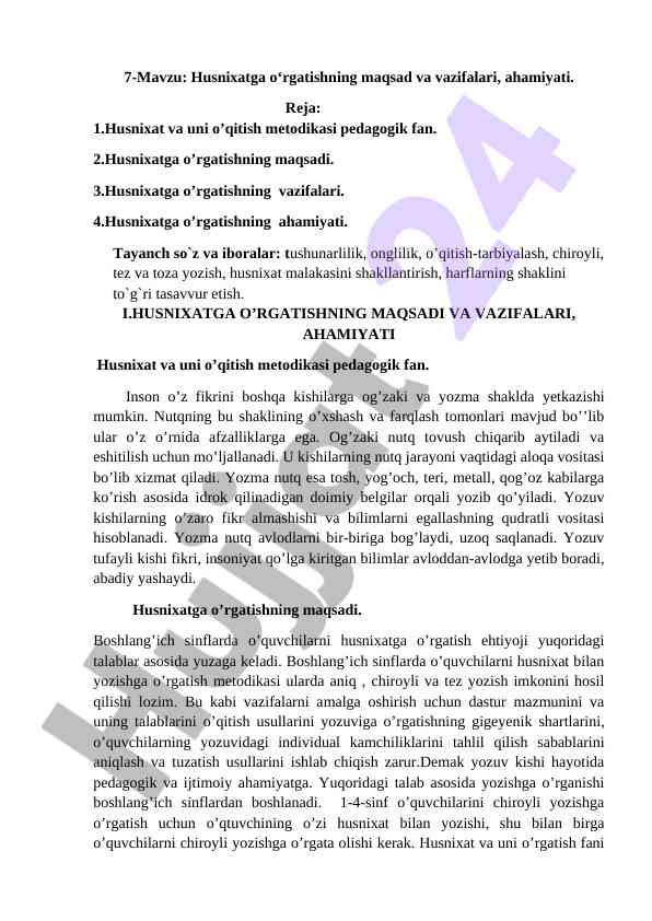 Husnixat o‘rgatishning ahamiyati va vazifalari