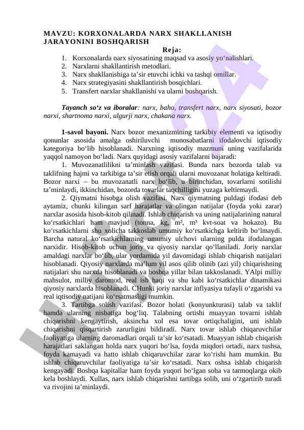 Korxonalarda narx shakllanish jarayonini boshqarish