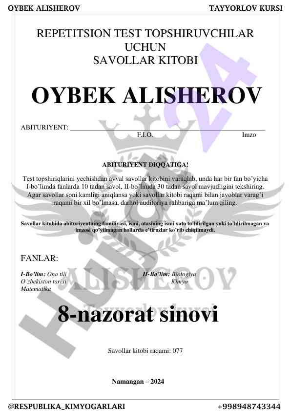 Test topshirishchilar uchun savollar kitobi