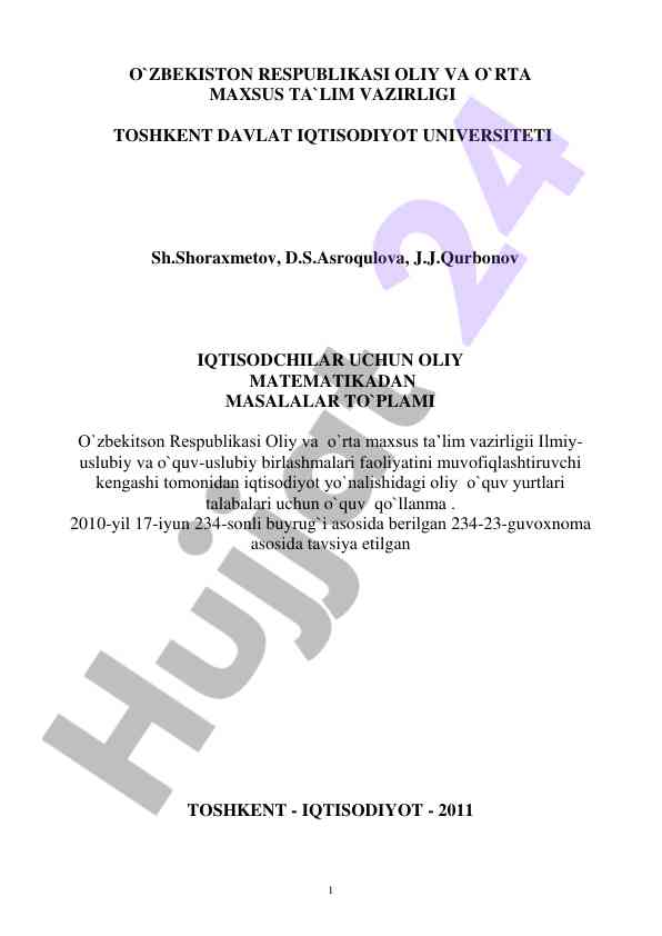 Iqtisodchilar uchun oliy matematikadan masalalar to‘plami