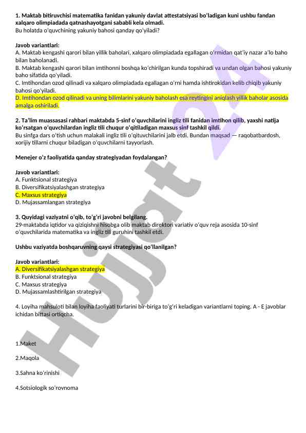 Matematika fanidan yakuniy davlat attestatsiyasi