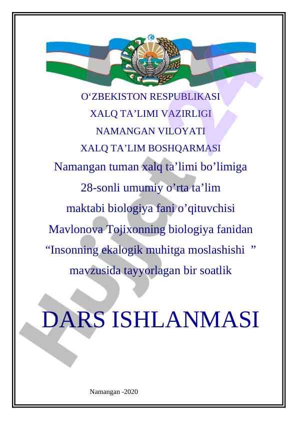 Insonning ekologik muhitga moslashishi dars ishlanmasi
