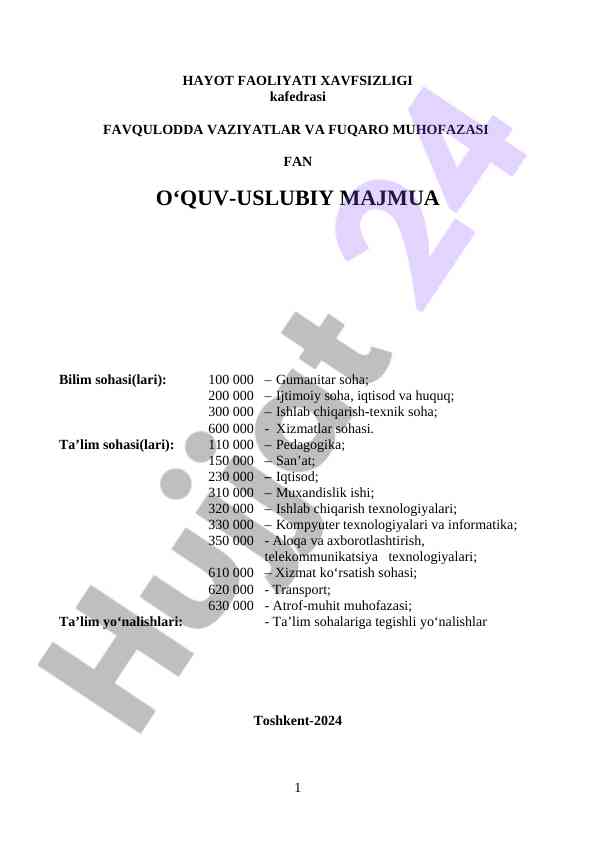 O‘quv uslubiy majmua: favqulodda vaziyatlar