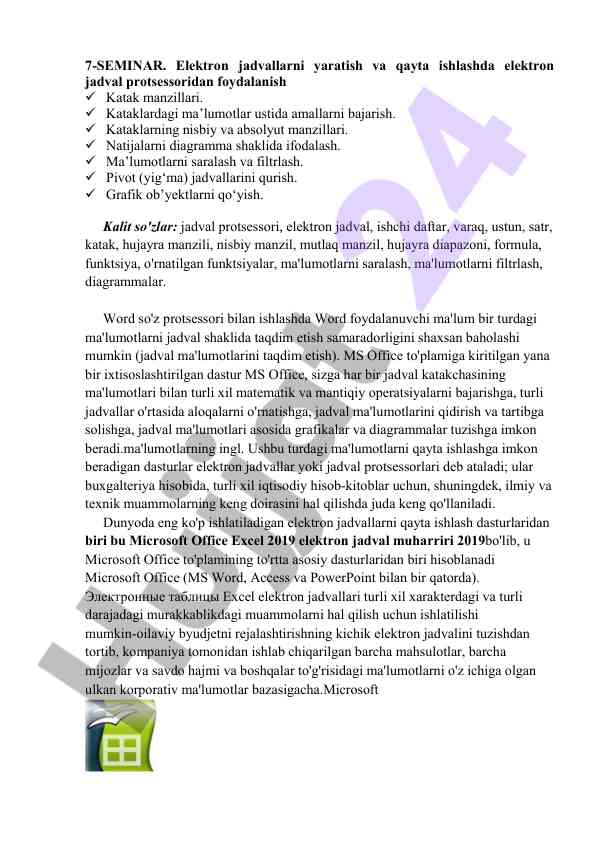 Elektron jadvallarni yaratish va qayta ishlash