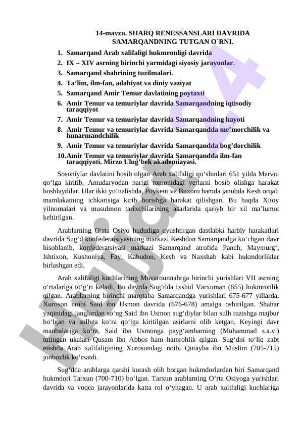 Sharq renessanslari davrida samarqandning tutgan o`rni