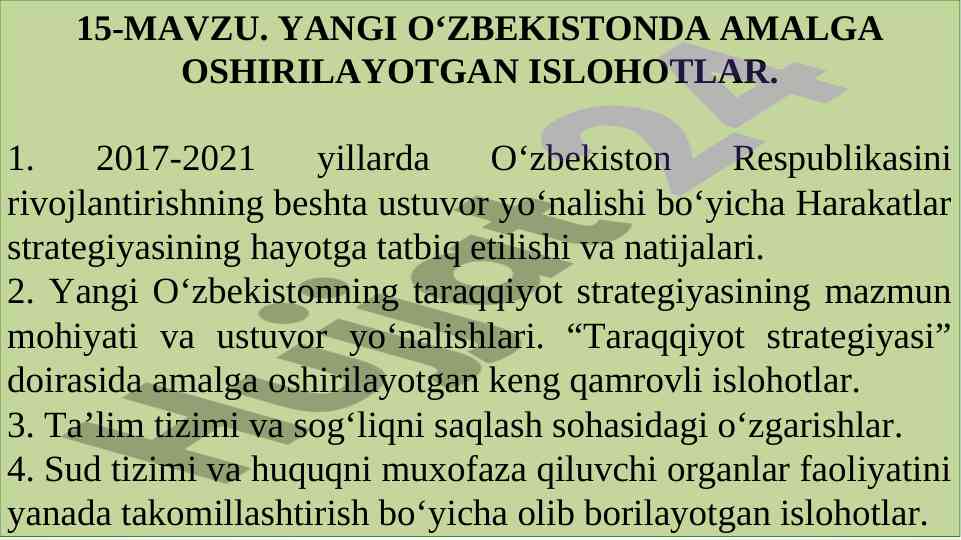 Yang oʻzbekistondagi islohotlar va ustuvor yoʻnalishlar