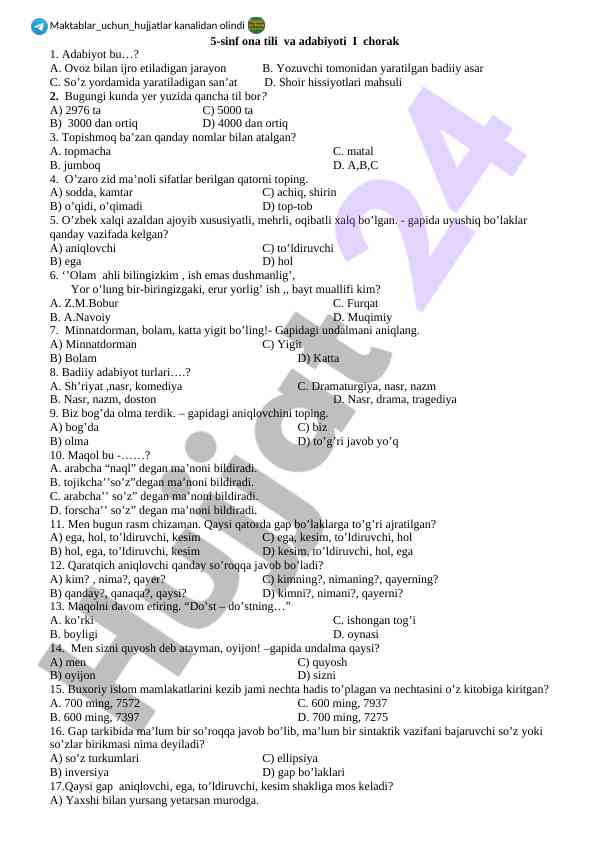5-sinf ona tili va adabiyoti test savollari