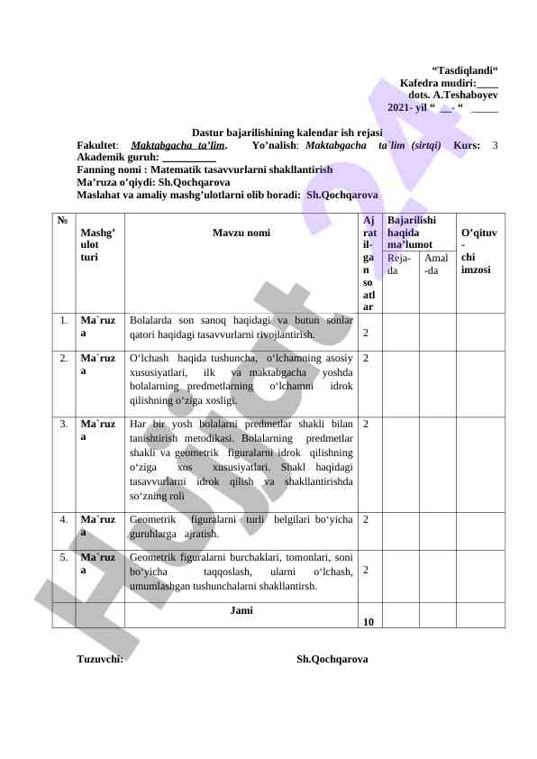 Matematik tasavvurlarni shakllantirish dars ishlanmasi
