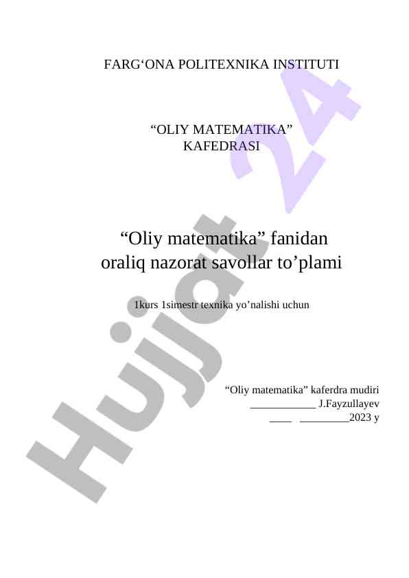 Oliy matematika oraliq nazorat savollar to'plami