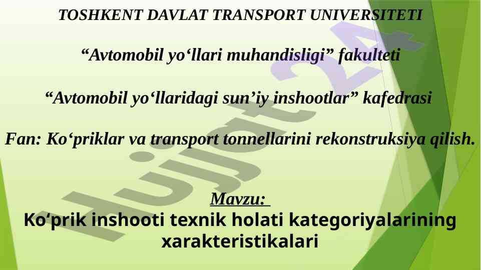 Ko‘priklar va transport tonnellarini rekonstruksiya qilish
