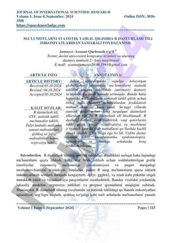 Samarali statistik tahlil uchun r dasturlash tili