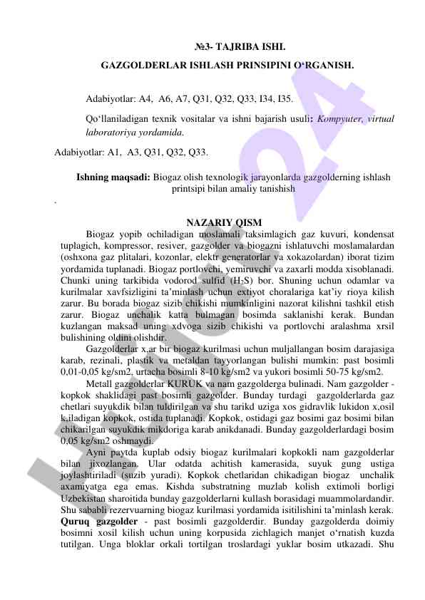 Gazgolderlar ishlash prinsipini o‘rganish tajriba