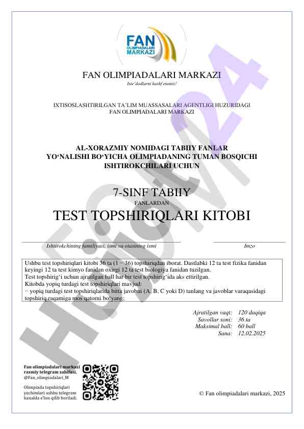 7-sinf tabiiyn fanlar bo‘yicha test topshiriqlari
