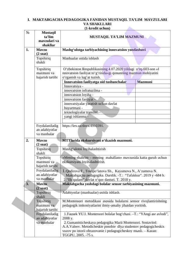 Maktabgacha pedagogika fanidan mustaqil ta’lim