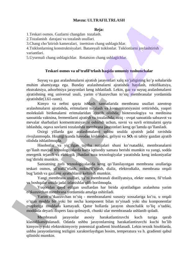 Ultrafiltrlash va teskari osmos jarayonlari