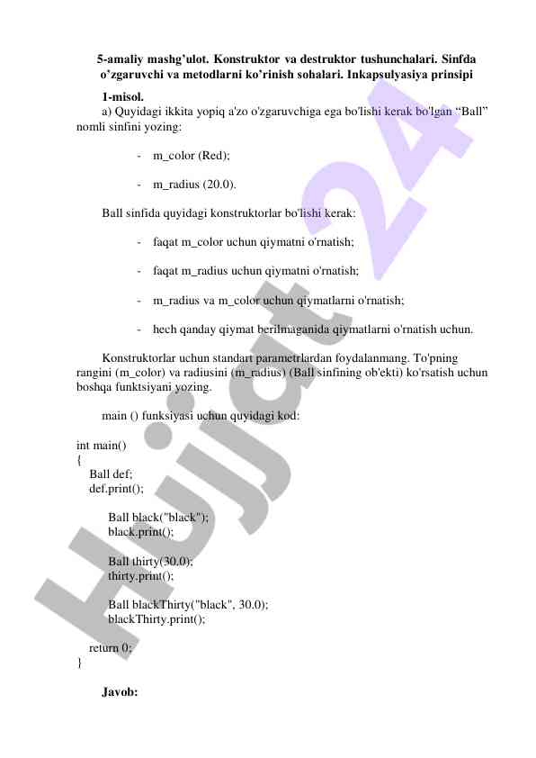 Konstruktor va destruktor tushunchalari bilan amaliy mashg‘ulot