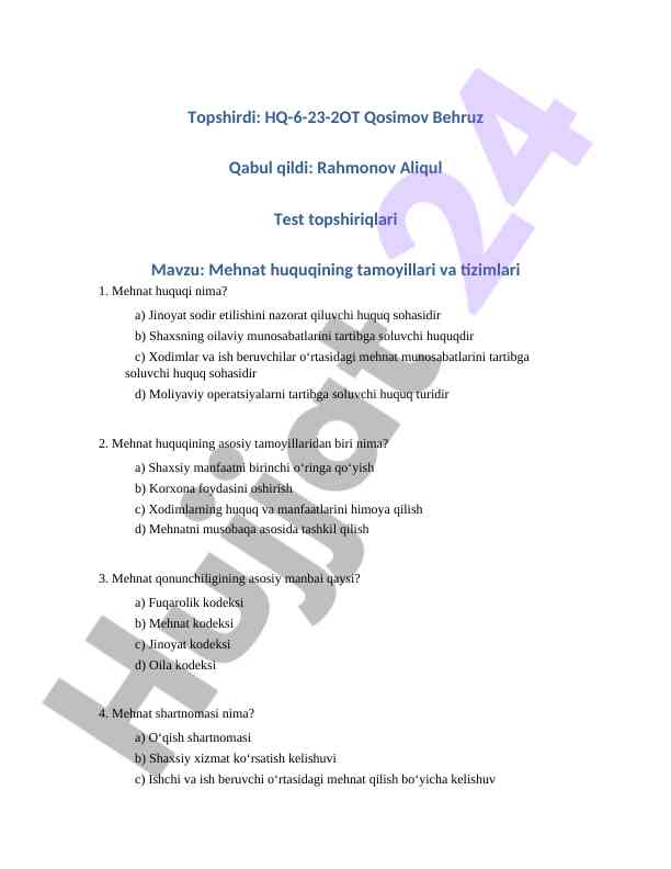 Mehnat Huquqining Tamoyillari Va Tizimlari