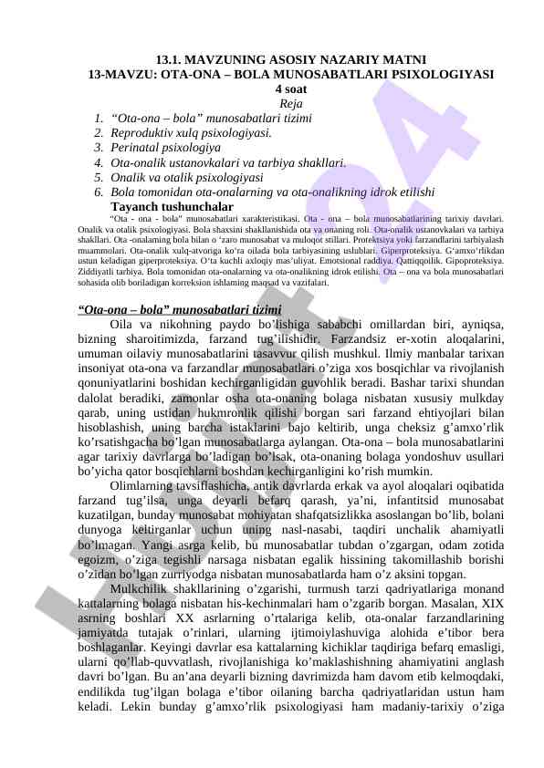 Ota-ona bola munosabatlari psixologiyasi