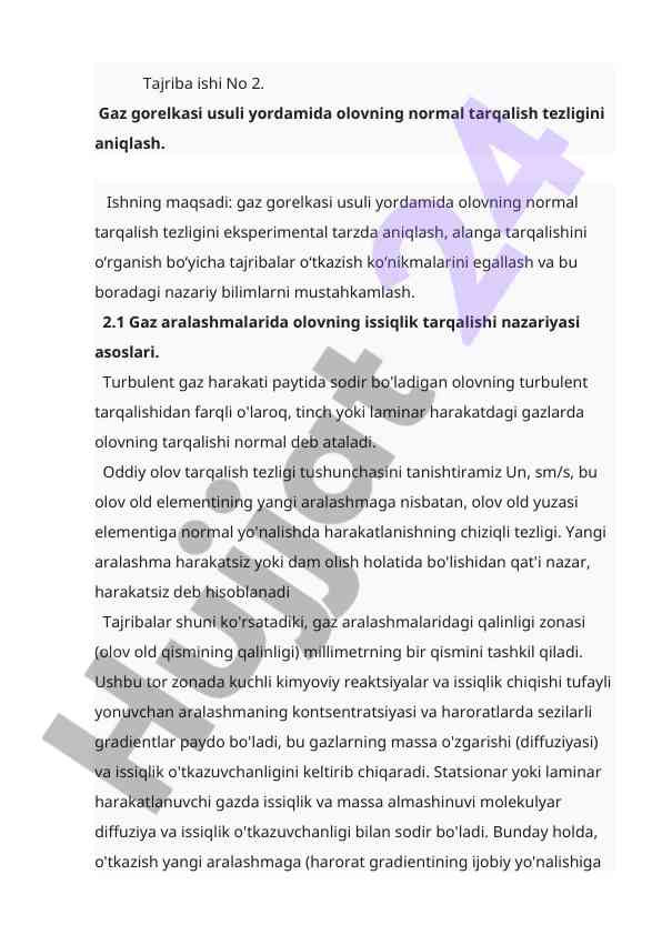 Gaz gorelkasi usuli bilan olov tarqalish tahlili