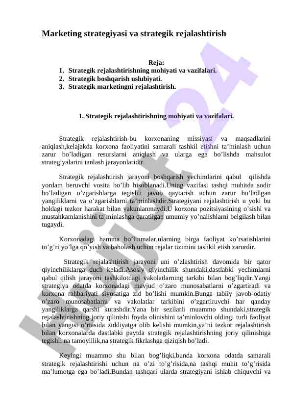 Marketing strategiyasi va strategik rejalashtirish
