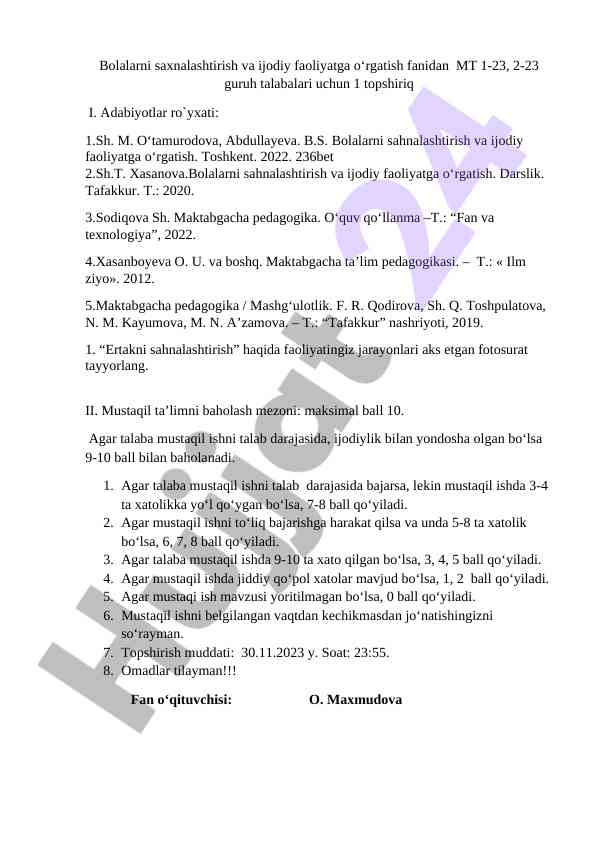 Bolalarni sahnalashtirish fanidan topshiriq
