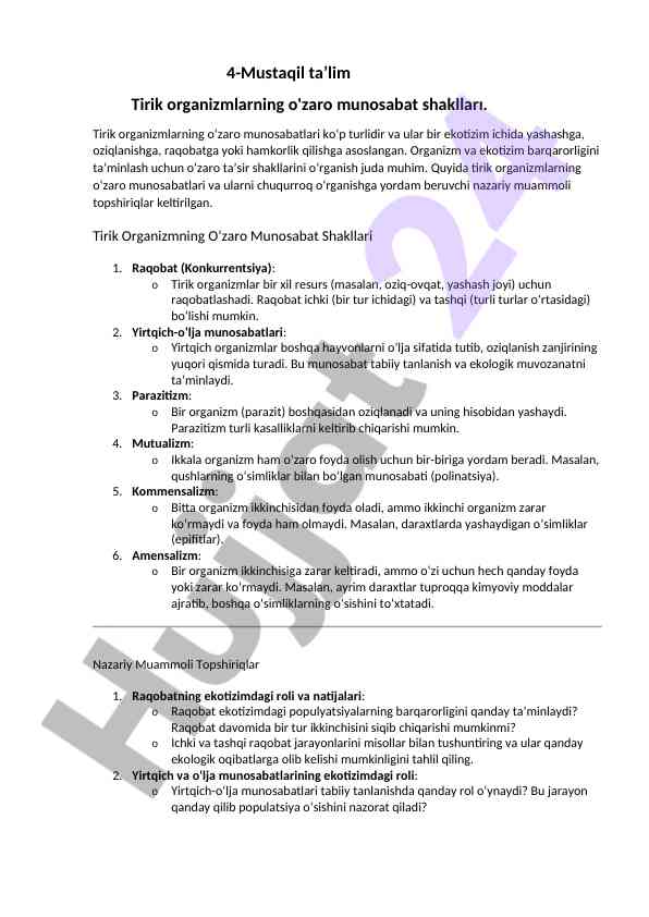 Tirik organizmlarning o'zaro munosabat shakllari