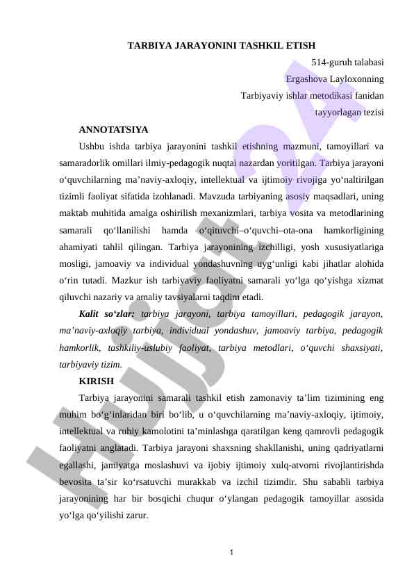 Tarbiya jarayonini tashkil etishning metodikasi