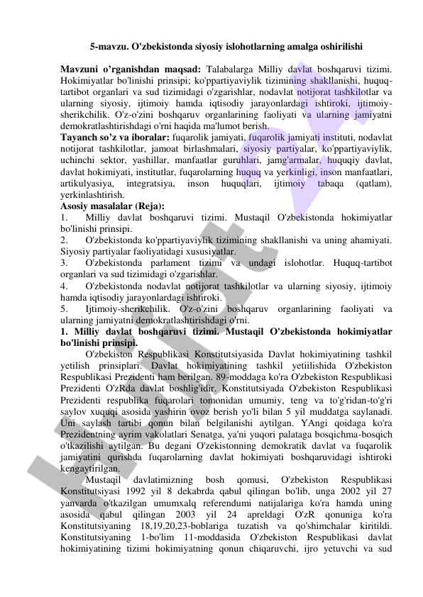 O'zbekistonda siyosiy islohotlarning amalga oshirishi