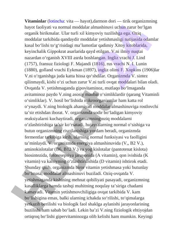 Vitaminlar va ularning biologik ahamiyati
