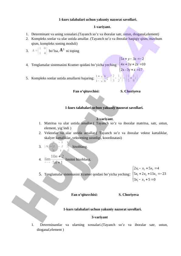 1-kurs talabalari uchun yakuniy nazorat savollari