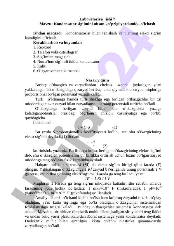 Kondensator sig’imini o’lchash usullari