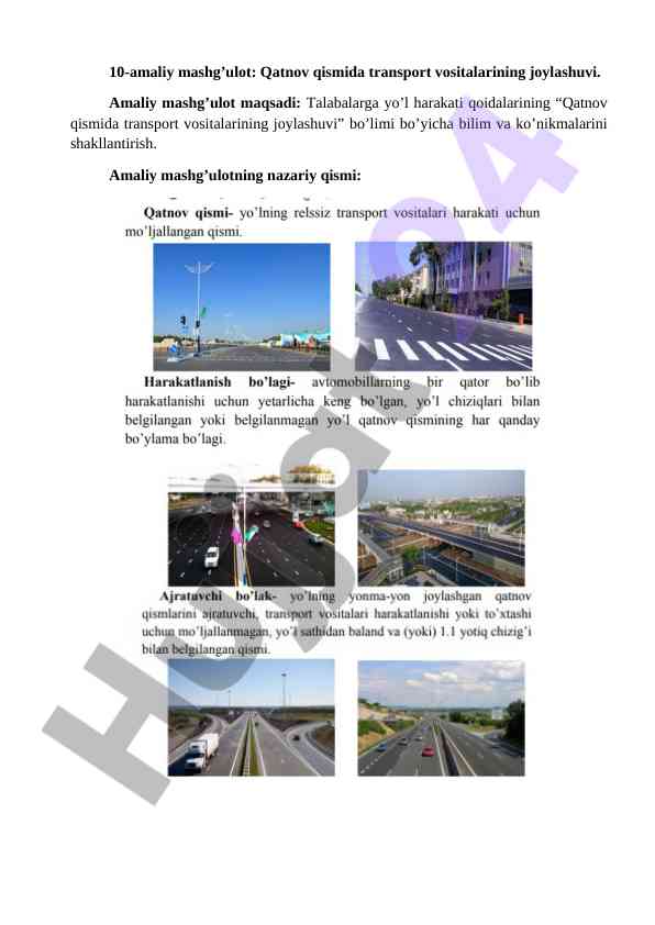 Qatnov qismida transport vositalarining joylashuvi