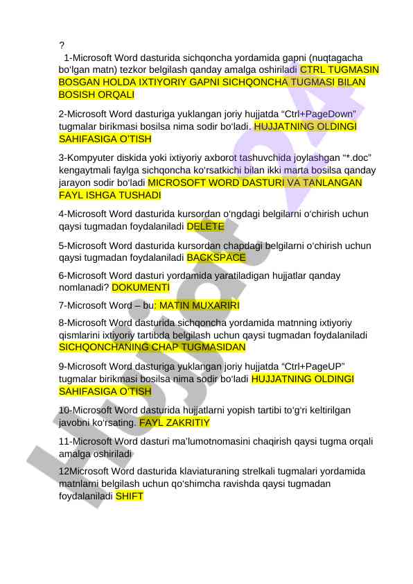 Microsoft word dasturida sichqoncha bilan ishlash qoidalari