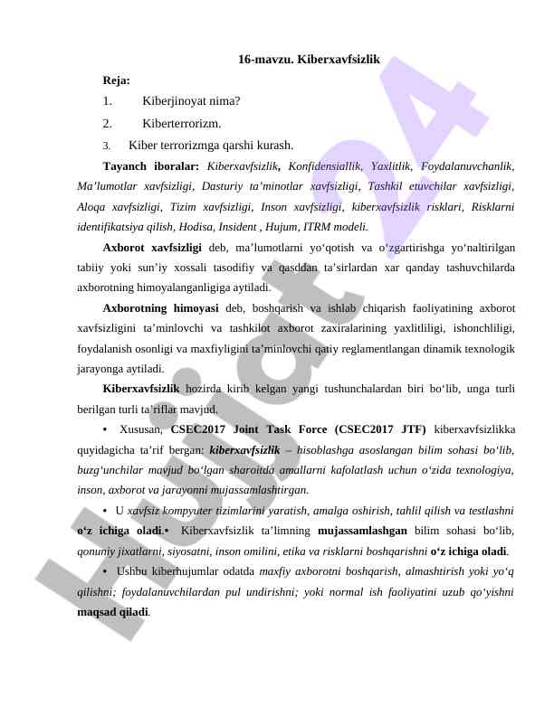 Kiberxavfsizlik asoslari va ta’riflari